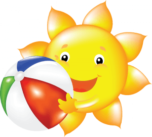 Smiling sun holding a beach ball